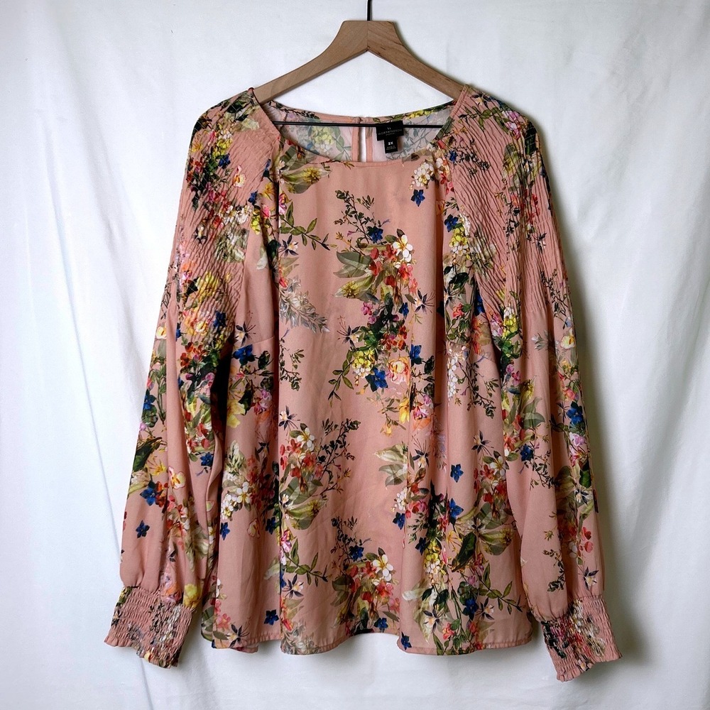 Worthington Women Floral Smocked Long Sleeve Blouse Top Size 2X Pink Cottagecore